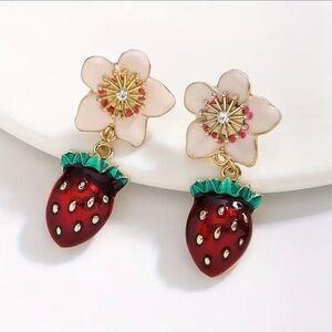 Strawberry and Floral Enameled Drop Earrings Red Green Hypoallergenic